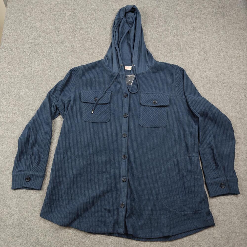 Belle By Kim Gravel Hoodie Womens 1X Blue Cardigan Button Pockets Hooded Knit